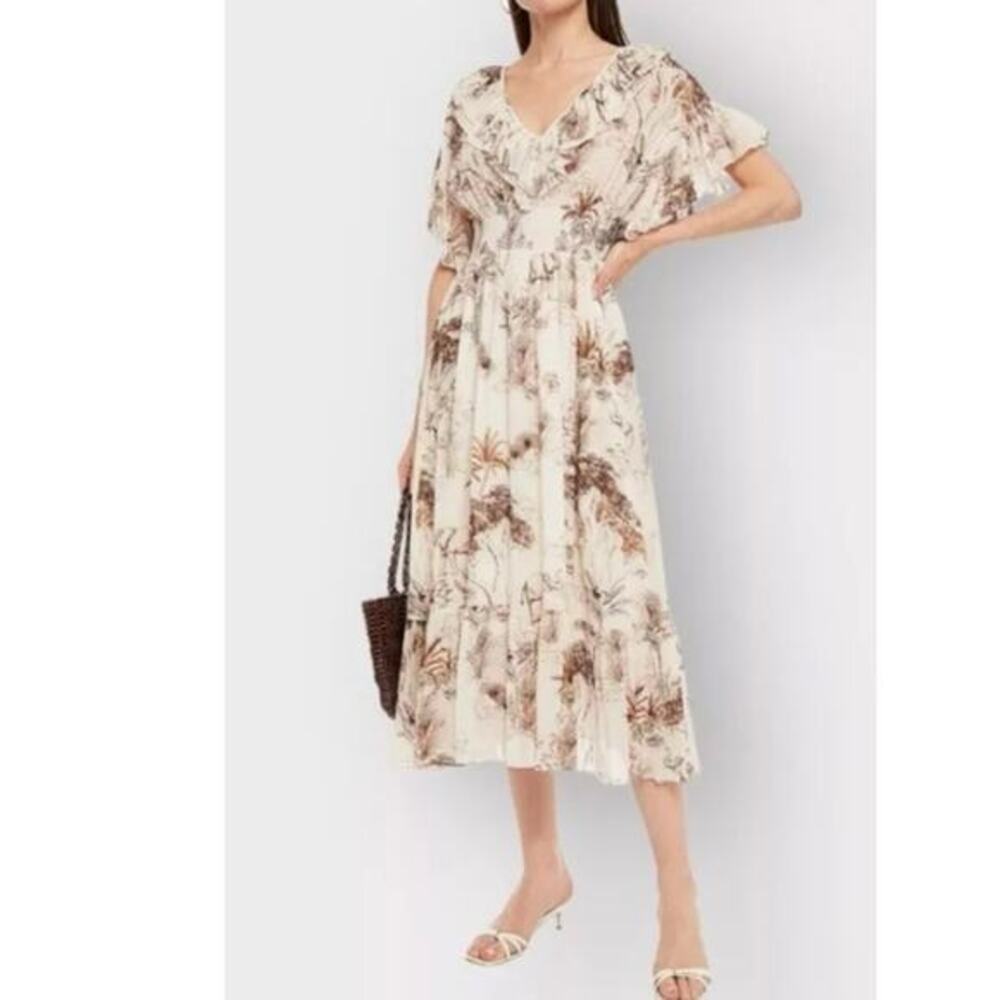 Sandro Dress 34 / XS / 2 Midi Toile Ruffle Safari Print Cotton Victorian‎ Jolay